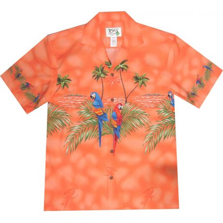 AL-453 OR - Parrot Island Orange Cotton Mens Aloha Shirt