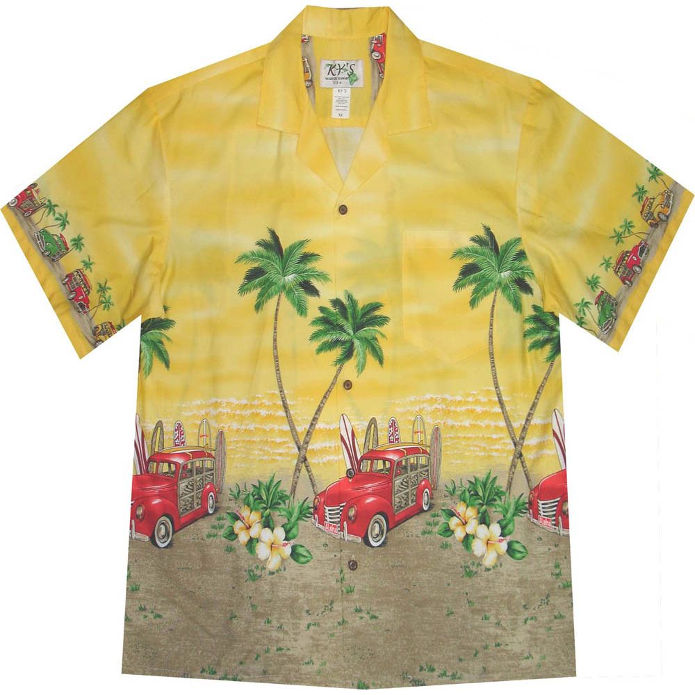 AL-467Y - Woody Car Beach Yellow Cotton Mens Aloha Shirt