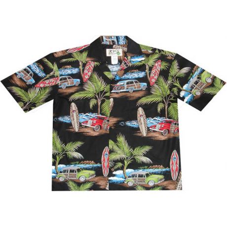 AL484B -Woody Surfboad Black Aloha Shirt