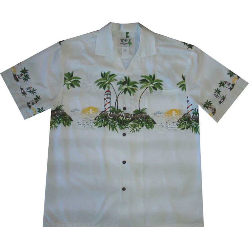 AL-507W- Lighthouse Island White Hawaiian Shirt