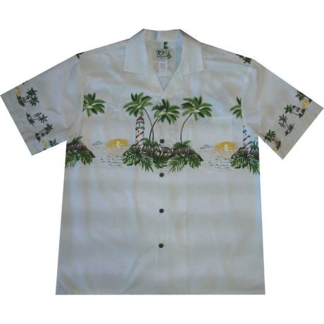 AL-507W- Lighthouse Island White Hawaiian Shirt