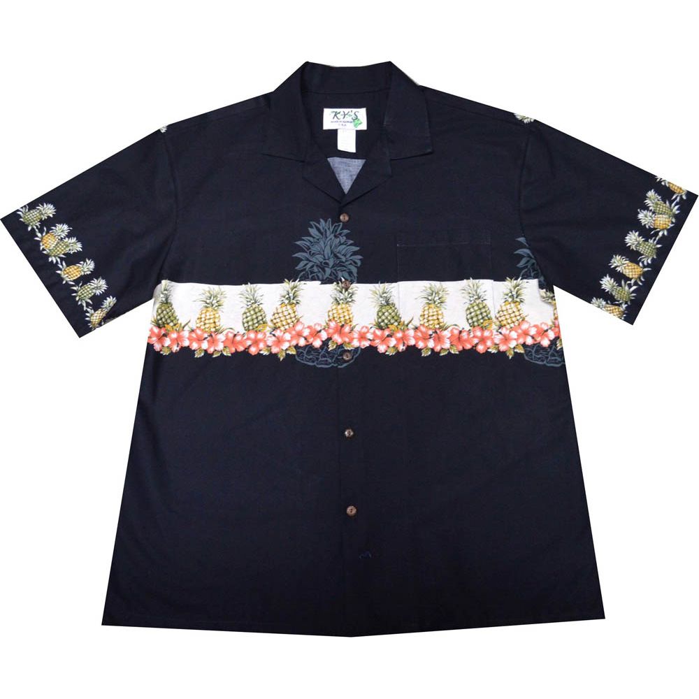 AL-520B -  Border Pineapple Black Cotton Mens Hawaiian Shirt