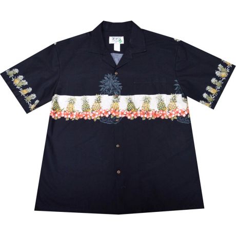 AL-520B -  Border Pineapple Black Cotton Mens Hawaiian Shirt
