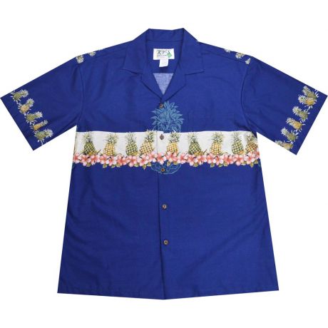 AL-520NB - Border Pineapple Navy Cotton Mens Hawaiian Shirt
