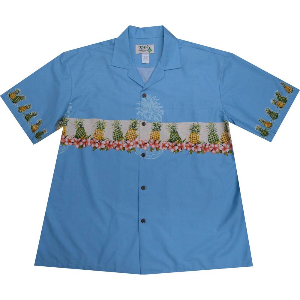 AL-520TU - Border Pineapple Turq Cotton Mens Hawaiian Shirt