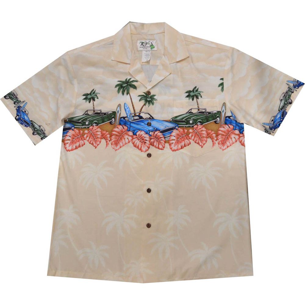 AL-522CR - Border Muscle Car Cream Cotton Mens Hawaiian Shirt