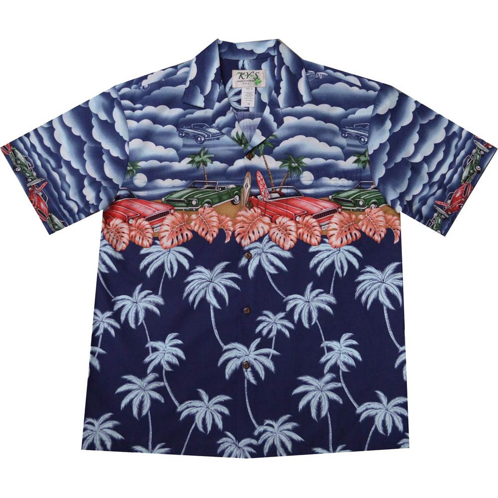 AL-522NB - Border Muscle Car Navy Cotton Mens Hawaiian Shirt