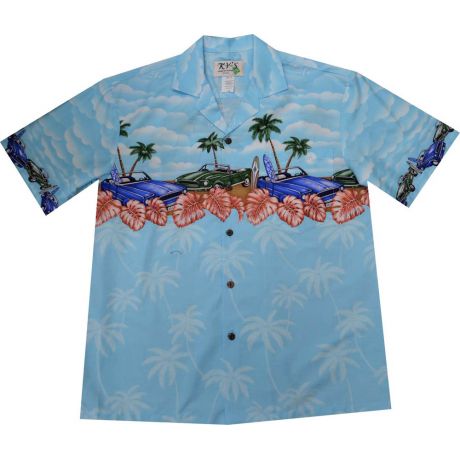 AL-522TU-Border Muscle Car Turq Cotton Mens Hawaiian Shirt