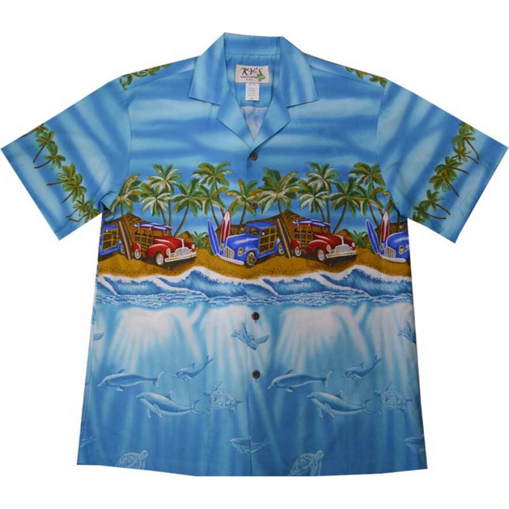 AL-536BL -  Woody Cars Panoramic Beach Blue Cotton Mens Aloha Sh