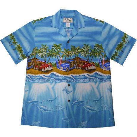 AL-536BL -  Woody Cars Panoramic Beach Blue Cotton Mens Aloha Sh