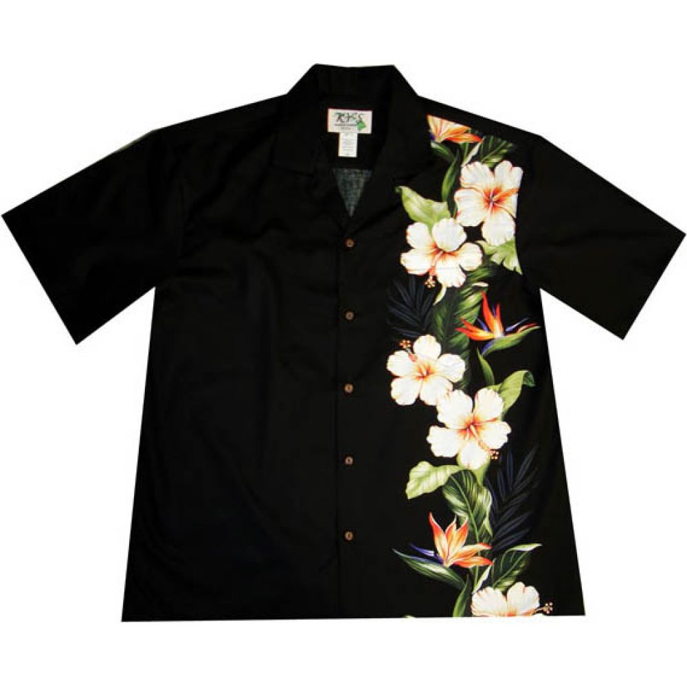 ALB-437B- Hibiscus Shining Panel Black  Cotton Mens Hawaiian Shi