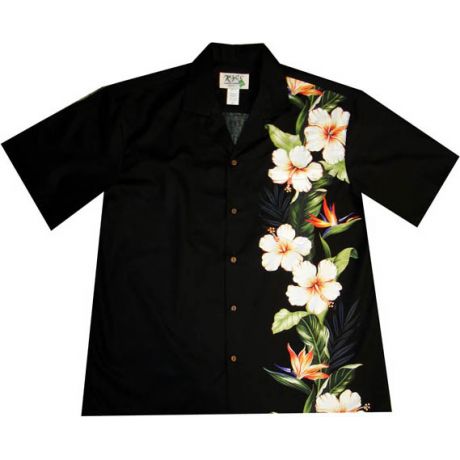ALB-437B- Hibiscus Shining Panel Black  Cotton Mens Hawaiian Shi