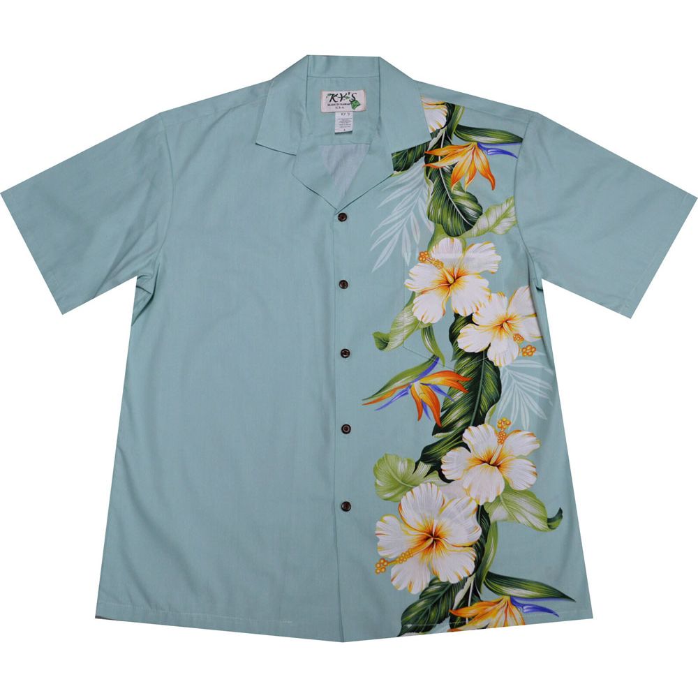 ALB-437G- Hibiscus Shining Panel White Cotton Mens Hawaiian Shir