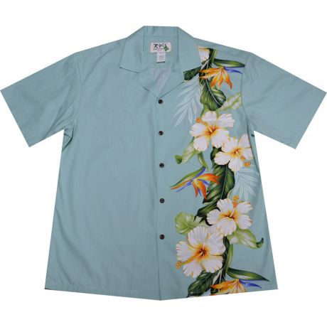 ALB-437G- Hibiscus Shining Panel White Cotton Mens Hawaiian Shir