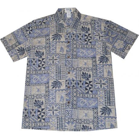 ALS-378 BL- Block Honu Tapa Navy Cotton Slim Fit Hawaiian Shirt