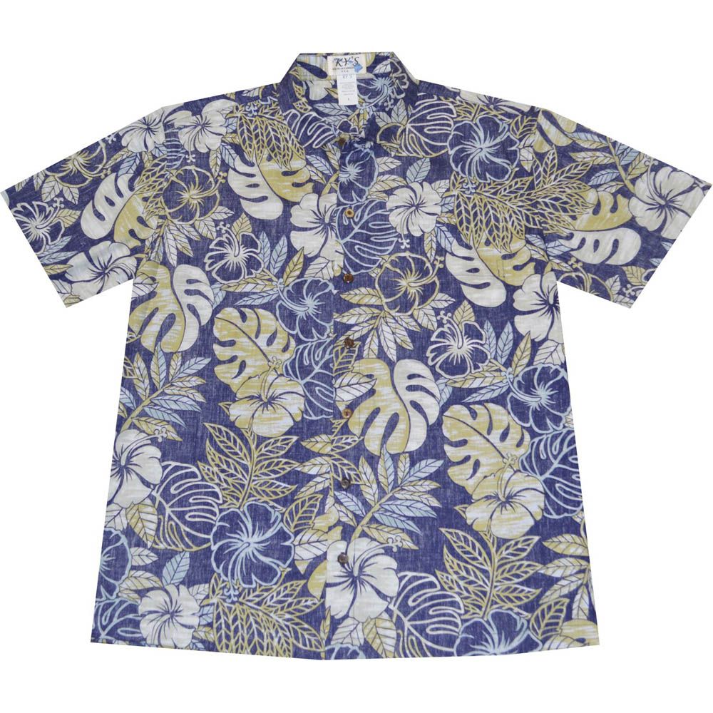 ALS-523NB- Vintage Monstera Navyblue Slim Fit Hawaiian Shirt