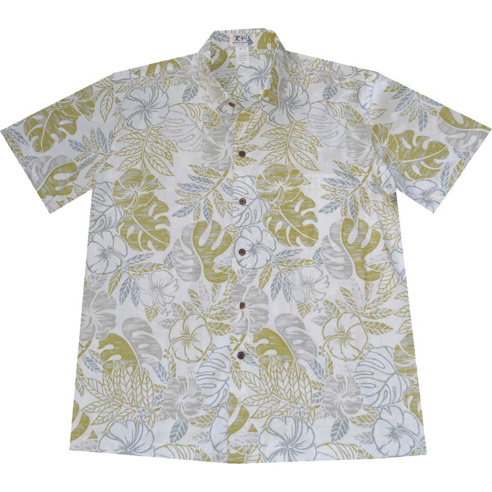 ALS-523W -Vintage Monstera White Cotton Slim Fit Hawaiian Shirt