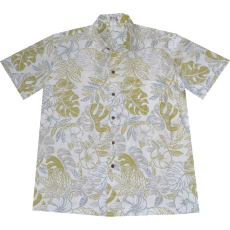 ALS-523W -Vintage Monstera White Cotton Slim Fit Hawaiian Shirt