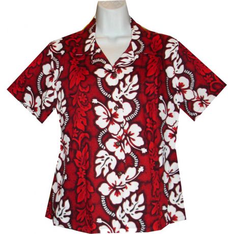 GAL-213R -Cotton WoMens Aloha Blouse Hibiscus Panel