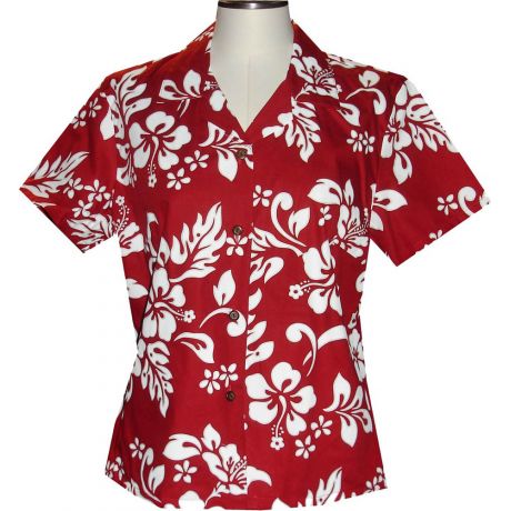 GAL-354R-Cotton WoMens Aloha Blouse Original Hibiscus