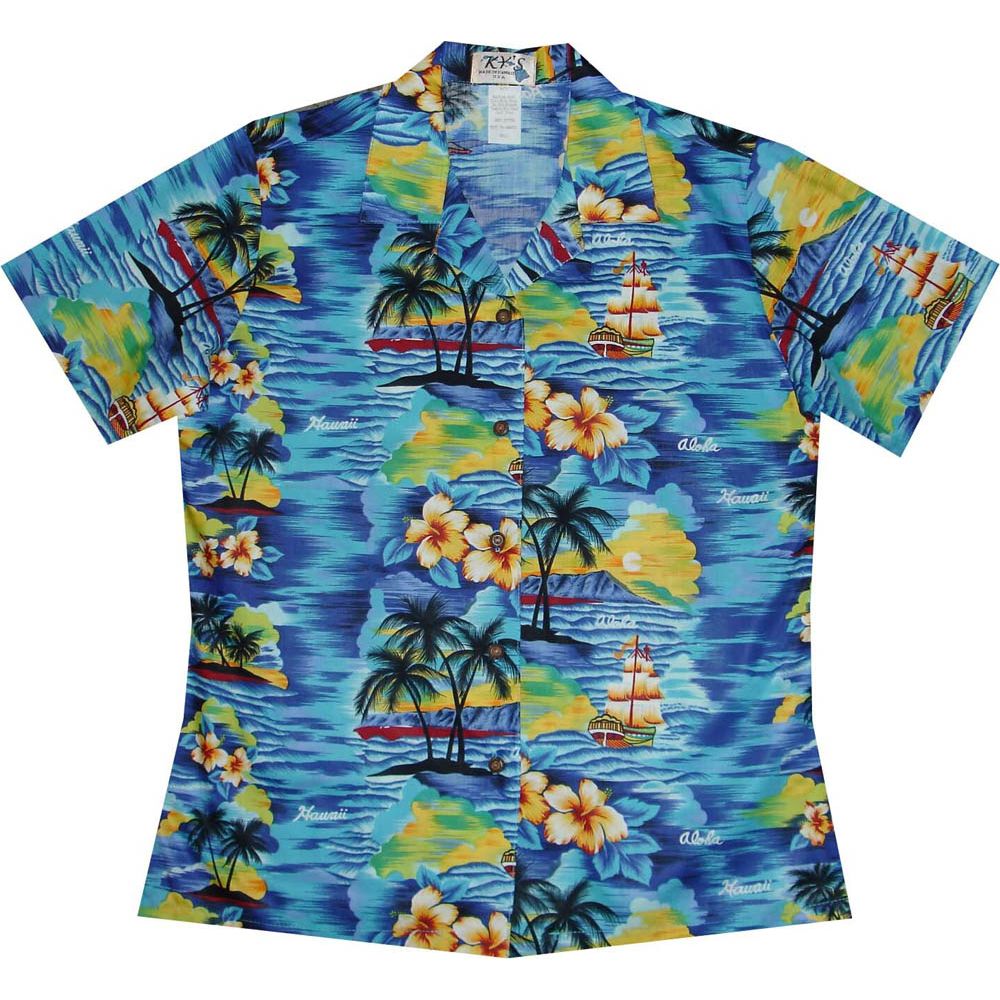 LAL-304NB - Ladies Cotton Camp Aloha Shirt Hawaii Sunset