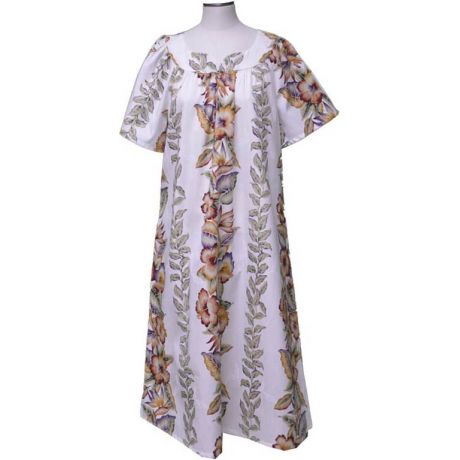 5M535W- Vintage Anthurium Design White Cotton Hawaiian Muumuu Dr