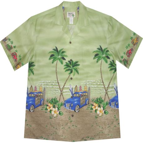AL-467G - Woody Beach Green Cotton Mens Hawaiian Shirt