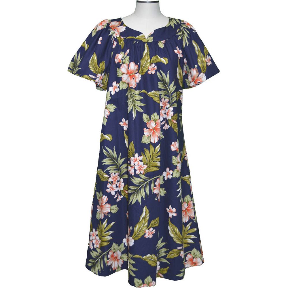 5M-403NC-Plumeria & Hibiscus Cotton Hawaiian Muumuu Dress