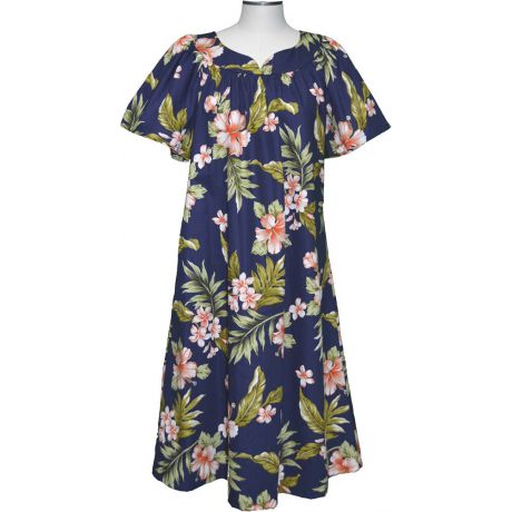 5M-403NC-Plumeria & Hibiscus Cotton Hawaiian Muumuu Dress