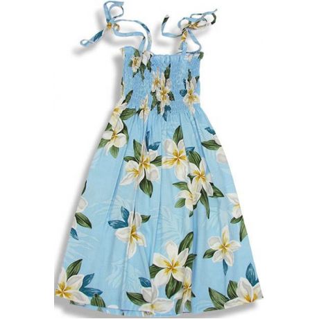 Girls Elastic Tube Top Dress Plumeria Shower Light Blue