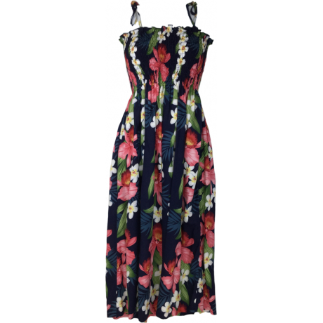Tube Top Dress Plumeria Orchid Panel Navy