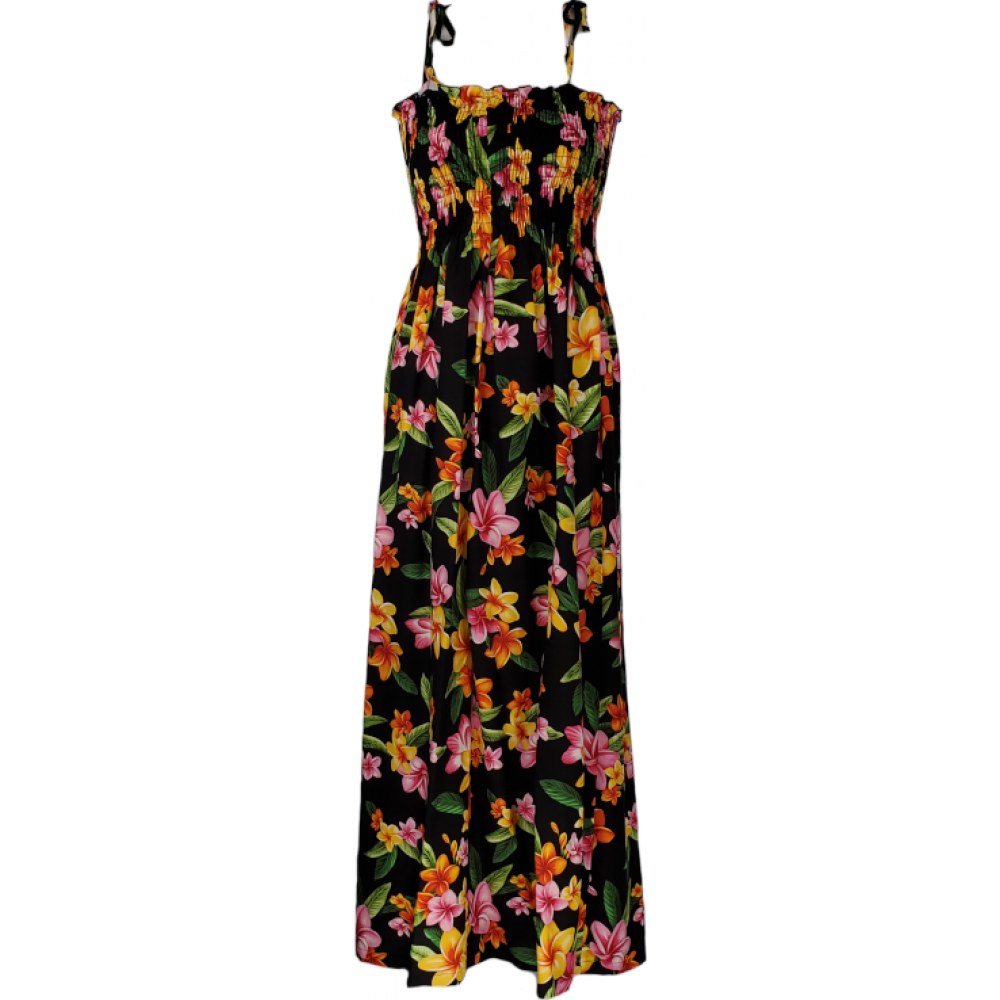 Tube Top Dress Happy Plumeria Black 45" Length