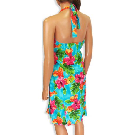Hawaiian Short Halter Dress Hibiscus Watercolor Blue